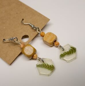 Handmade Natural Wood and Real Fern Dangle Earrings -Hypoallergenic